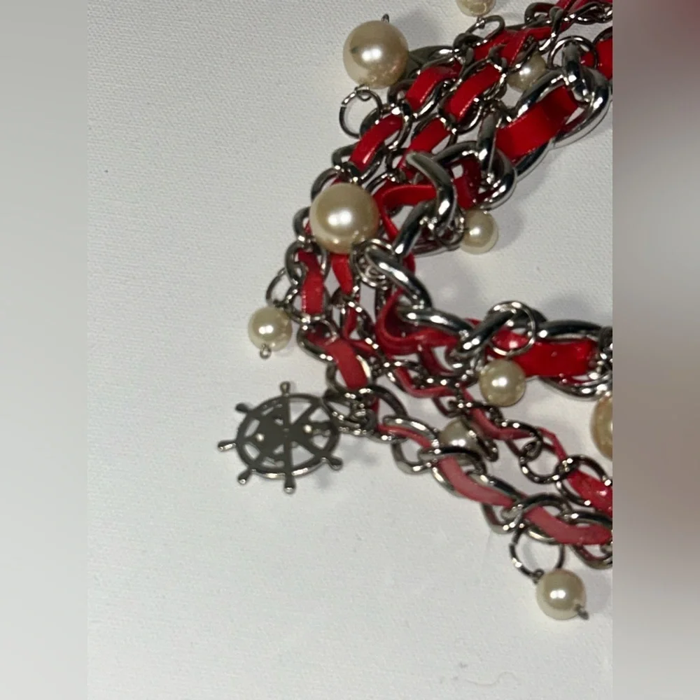 ⚓️Vintage Nautical Charm Silver Link Chain Red Leather Belt Anchor Rolfs